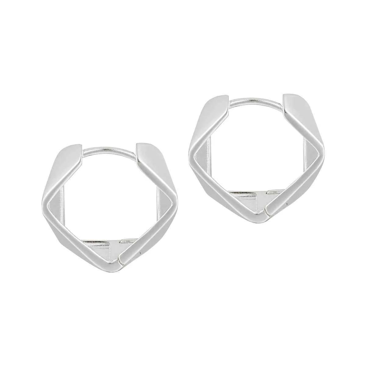 Geometric Dimensional Silver Huggie Earrings