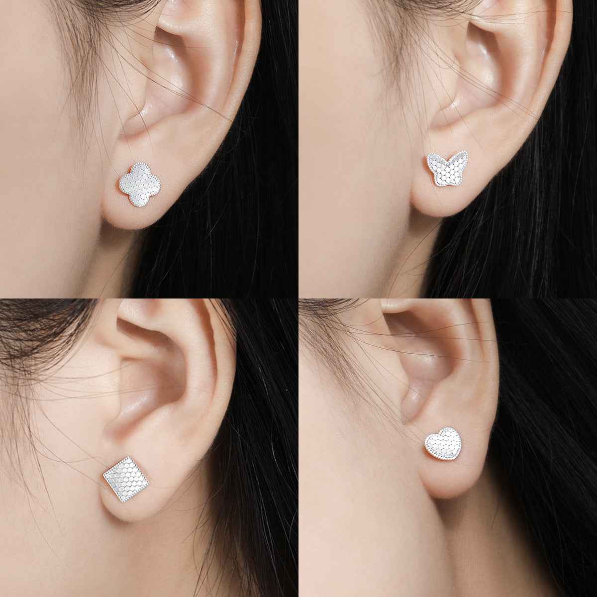 Honeycomb Engraved Silver Stud Earrings Series