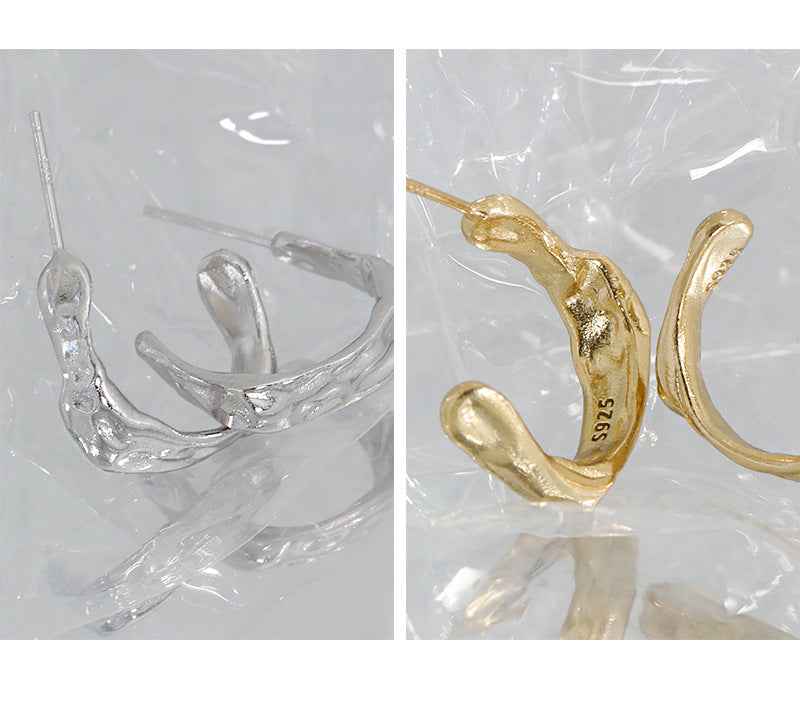 Concave-Convex Surface C-Shaped Silver Hoop Earrings