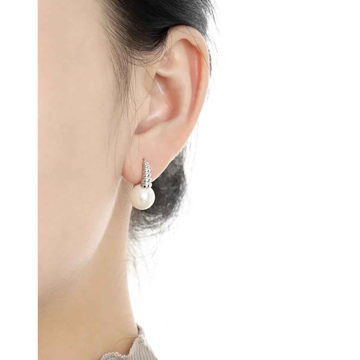 Pearl Twist Elegance Silver Huggie Earrings