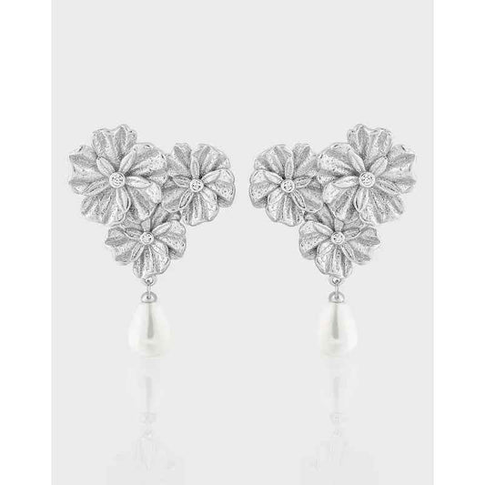 Frosted Bloom Silver Pearl Drop Earrings