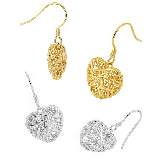 Hollow Grid Heart Silver Drop Earrings