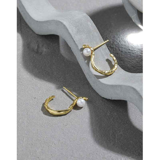 S-Shaped Irregular Surface Silver Pearl Hoop Earrings