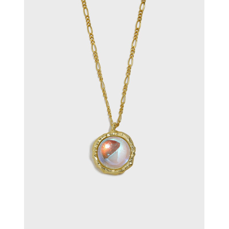 371 Korean version ins niche design sense geometric round inlaid moonstone pendant texture S925 sterling silver necklace women OPHRASTUDIO