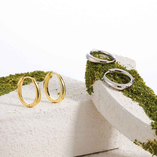 Oval Polished Silver Hoop Earrings