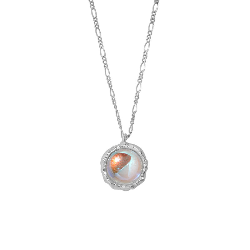 371 Korean version ins niche design sense geometric round inlaid moonstone pendant texture S925 sterling silver necklace women OPHRASTUDIO