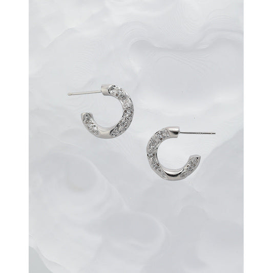 C-Shaped Micro-Inlaid Zircon Silver Huggie Earrings