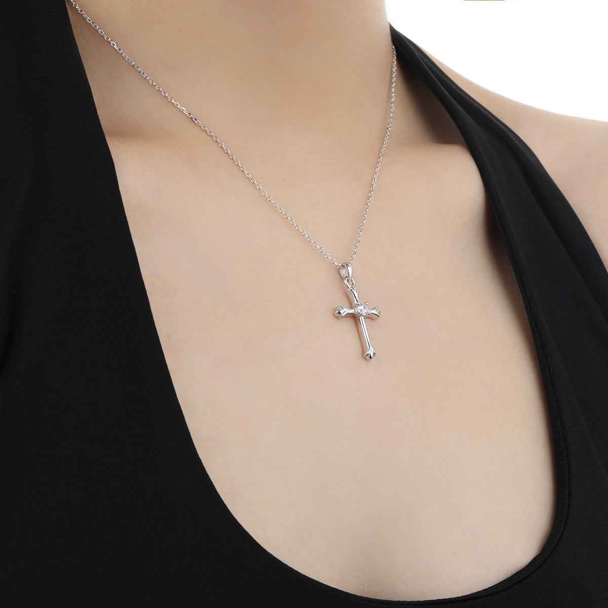 Diamond Cross Silver Pendant Necklace