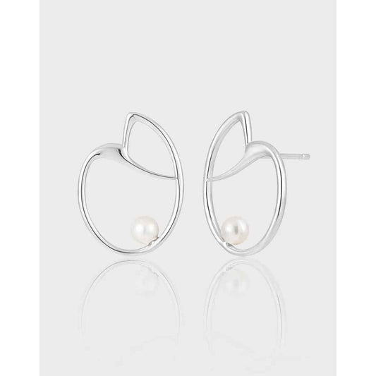 Heart Geometric Silver Pearl Stud Earrings