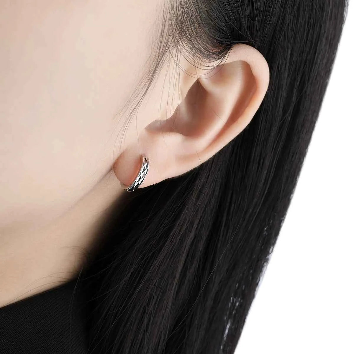 Geometric Diamond-Cut Silver Hoop Earrings