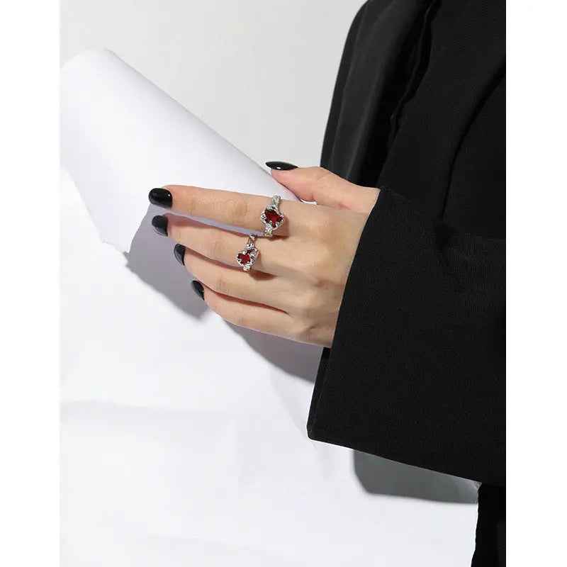 Red Zircon Texture II Silver Statement Ring
