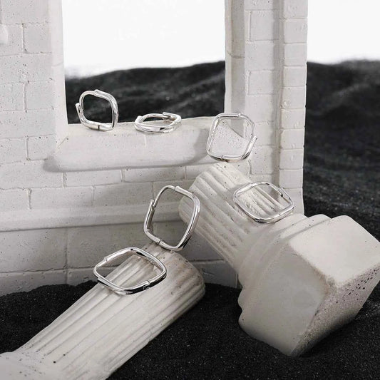 Geometric Square Silver Hoop Earrings