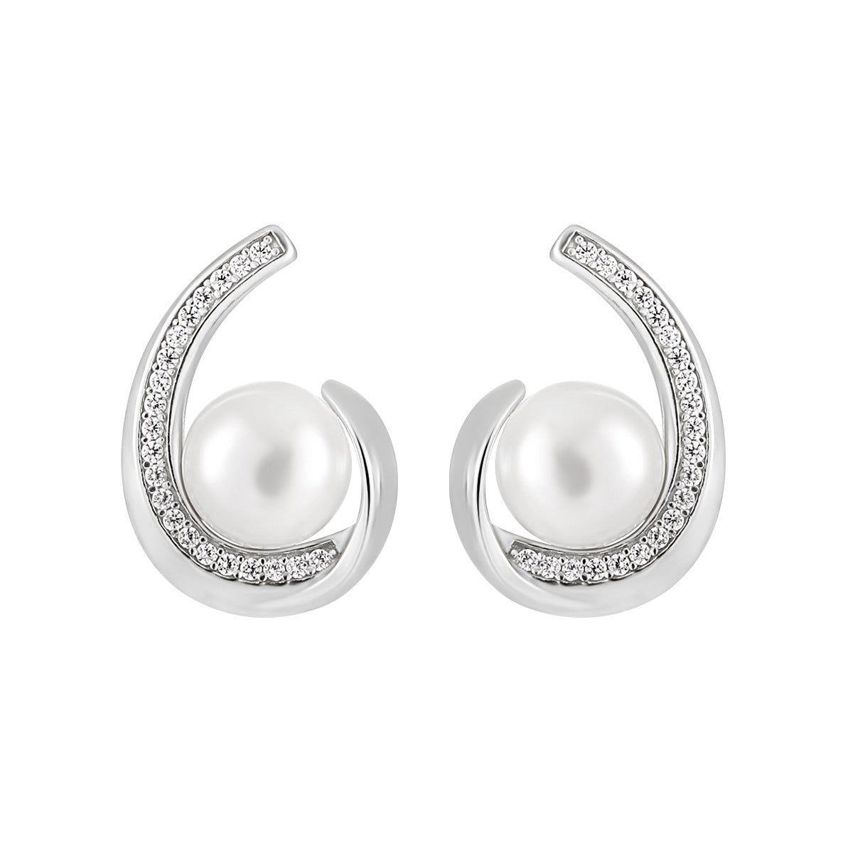 Geometric Water Drop Silver Pearl Stud Earrings