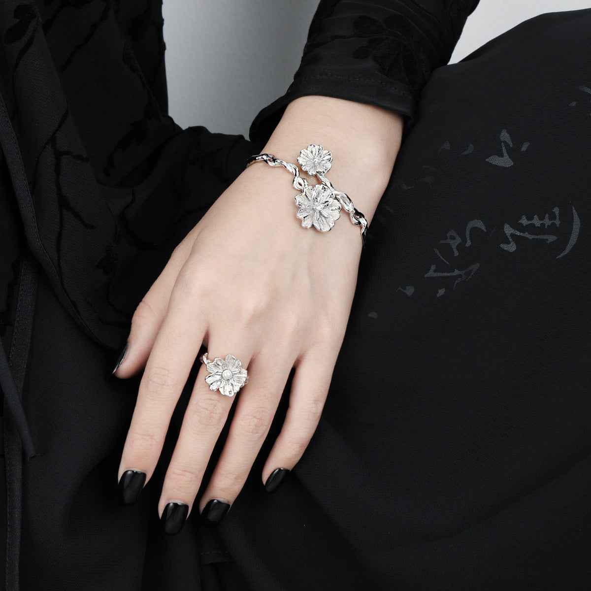 Lilian's Zircon Flower Silver Cuff Bracelet