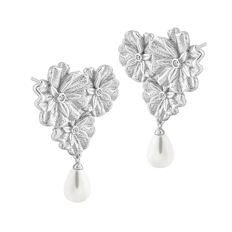 Frosted Bloom Silver Pearl Drop Earrings