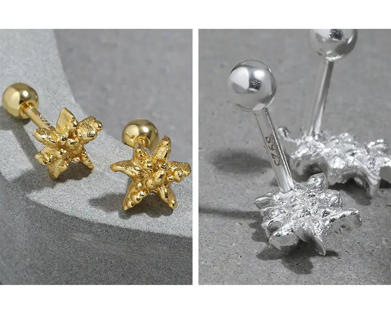 Starfish Screw Round Bead Silver Stud Earrings