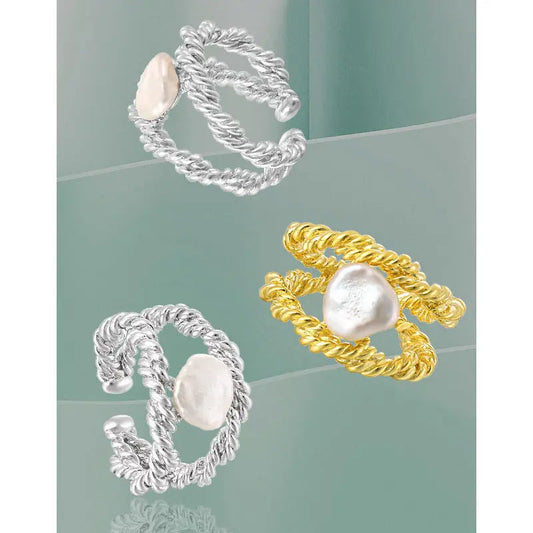 Twisted Rope Baroque Silver Pearl Ring