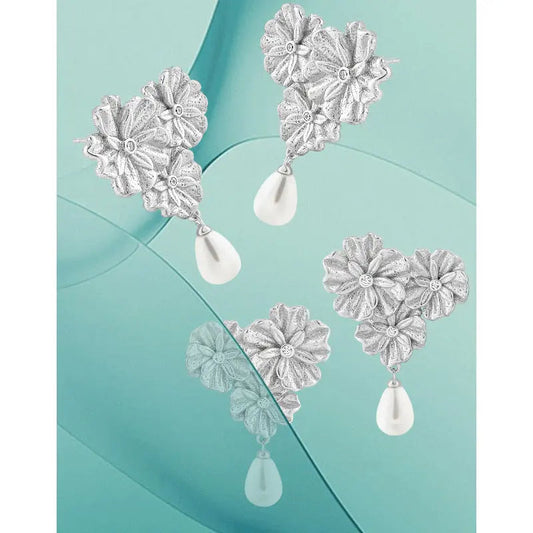 Frosted Bloom Silver Pearl Drop Earrings