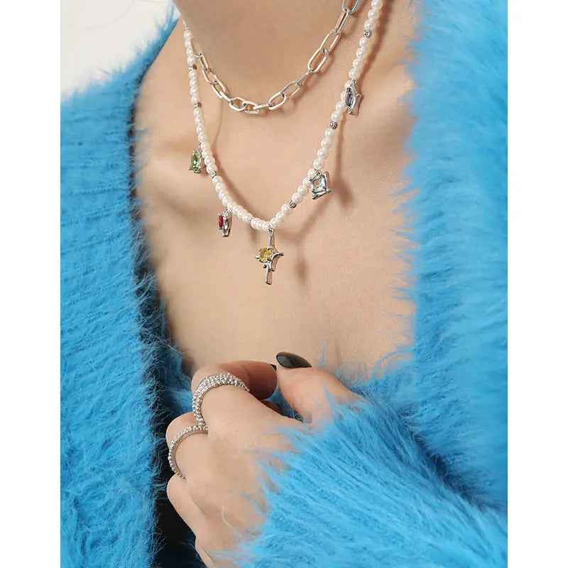 Aurora's Color Zircon Silver Pearl Necklace