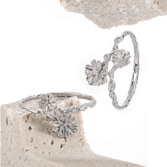 Lilian's Zircon Flower Silver Cuff Bracelet
