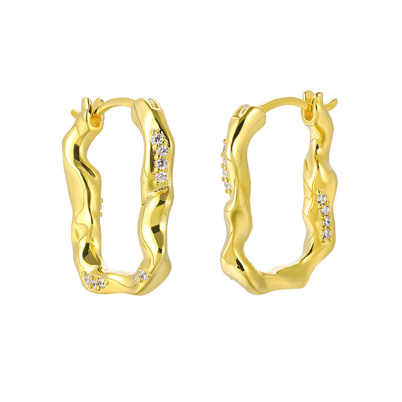Irregular U-Shaped Zircon-Set Silver Hoop Earrings