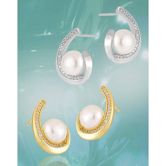 Geometric Water Drop Silver Pearl Stud Earrings