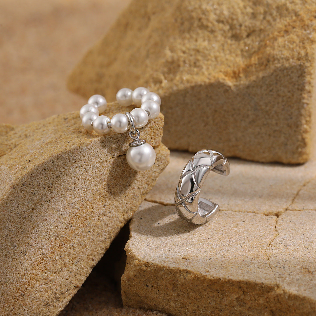 Pearl & Quilted Silver Ear Cuff OPHRASTUDIO