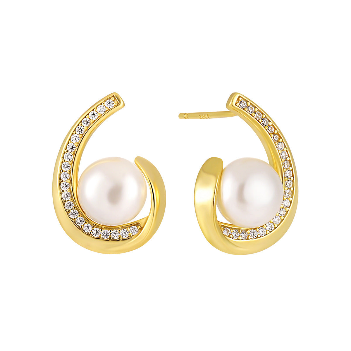 Geometric Water Drop Silver Pearl Stud Earrings