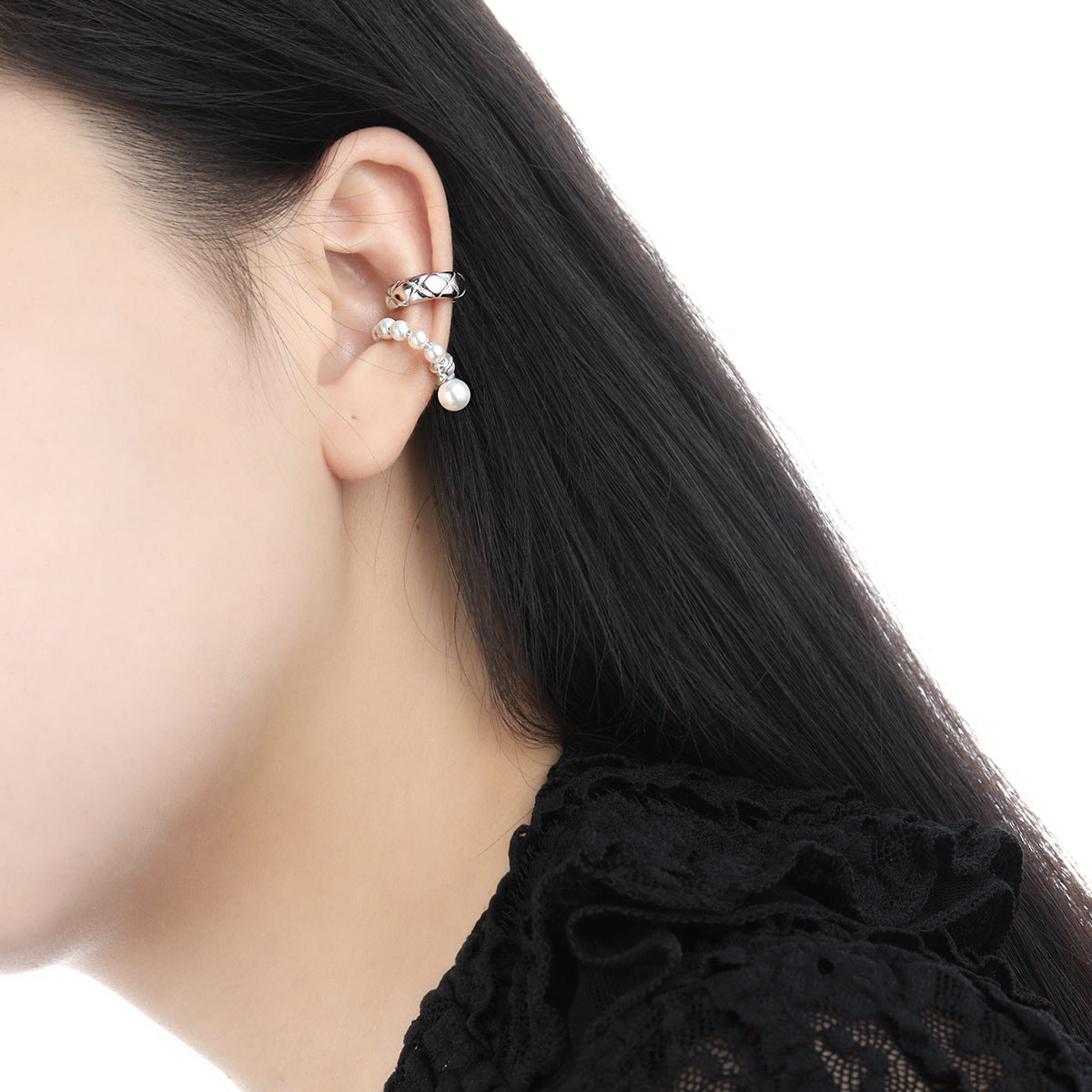 Pearl & Quilted Silver Ear Cuff OPHRASTUDIO