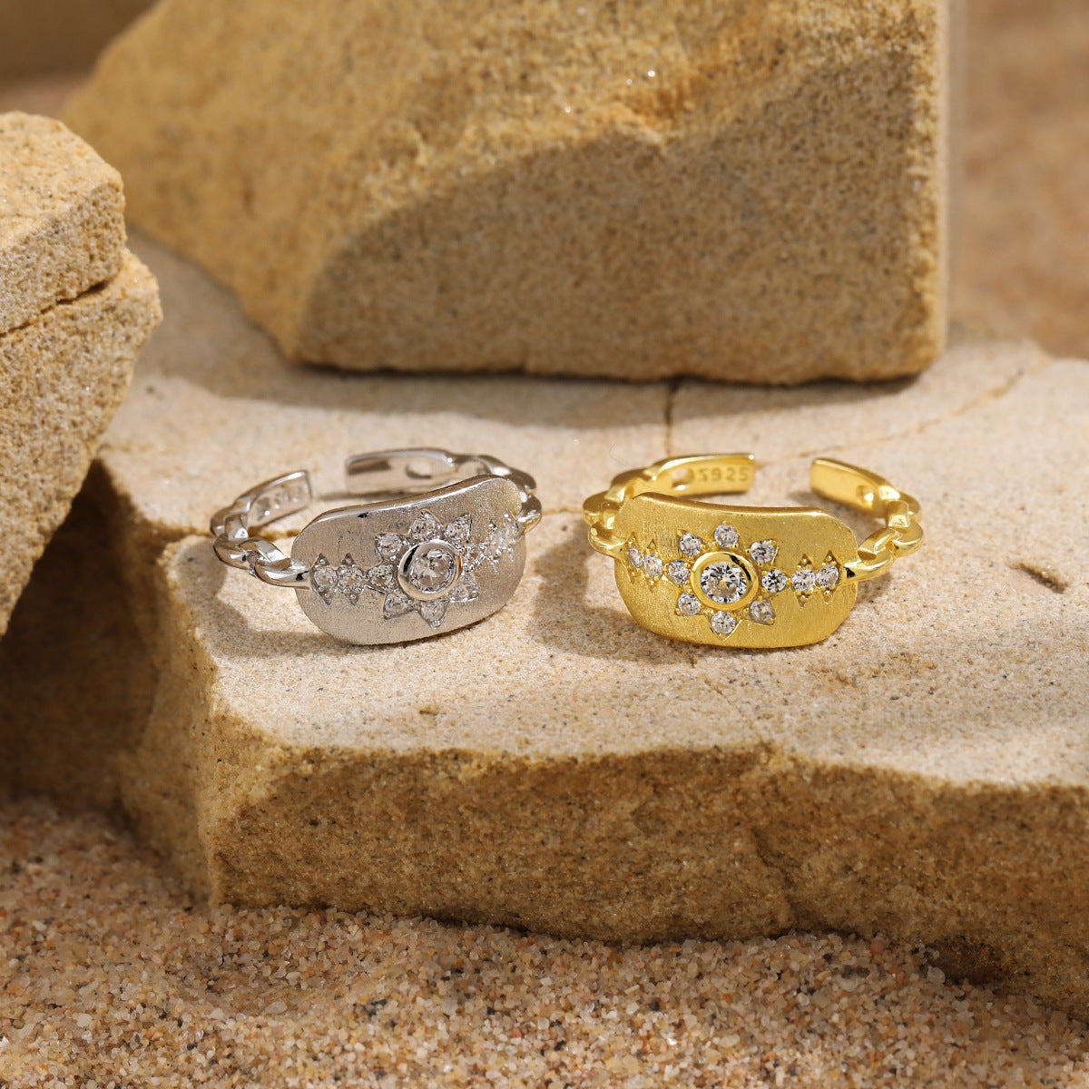 Sunflower Sparkle Silver Signet Ring OPHRASTUDIO